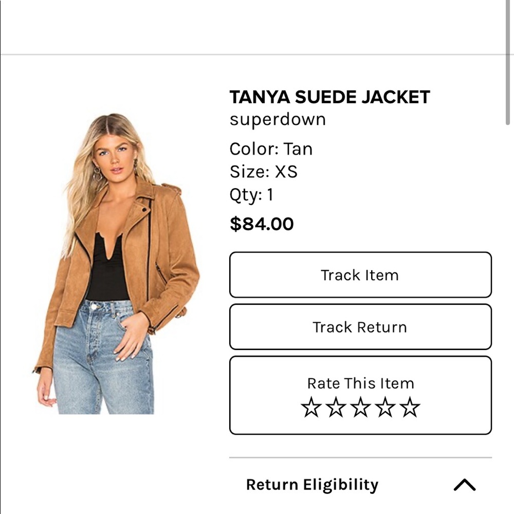 Suede jacket in XS. It’s from Superdown brand but they own the label About Us.